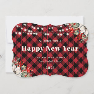 Red Plaid Botanical String Lights New Year Card