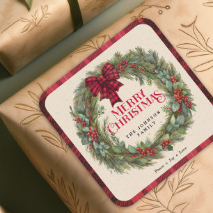 Red Plaid Bow Watercolor Wreath Family Christmas Square Sticker