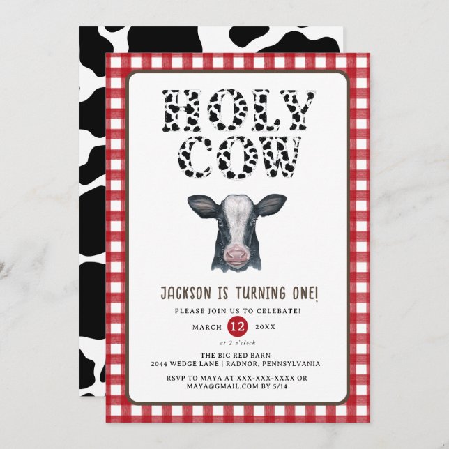 Red Plaid Boy Holy Cow First Birthday  Invitation (Front/Back)