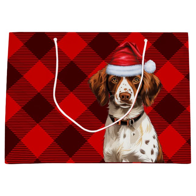 Red Plaid Brittany Spaniel Dog Lover Holiday Large Gift Bag (Front)