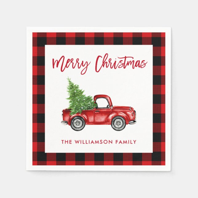 Red Plaid Brush Script Christmas Vintage Truck Napkin (Front)