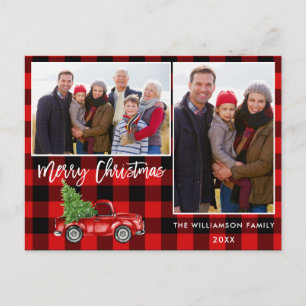 Red Plaid Brush Script Truck 2 Photo Christmas Postcard