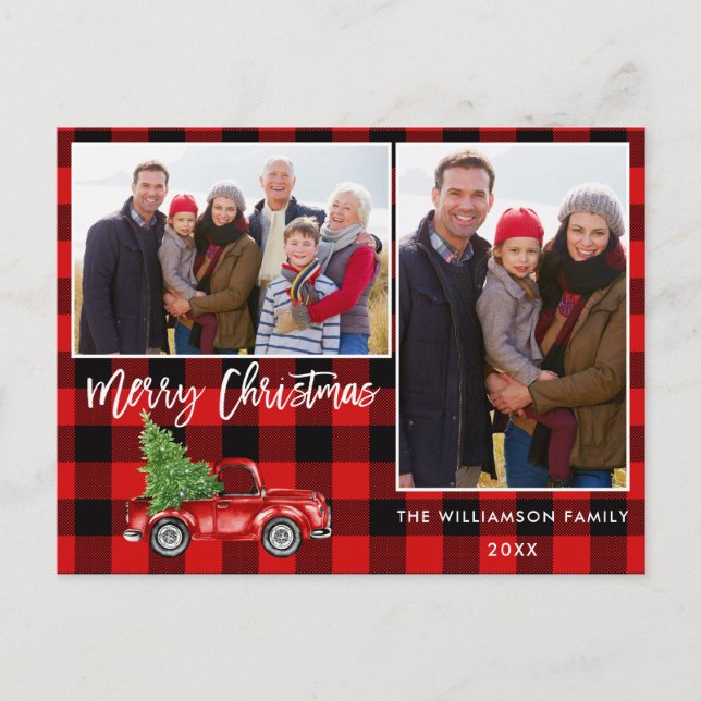 Red Plaid Brush Script Truck 2 Photo Christmas Postcard (Front)