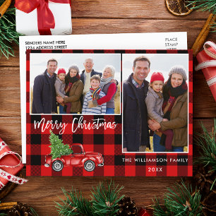 Red Plaid Brush Script Truck 2 Photo Christmas Postcard
