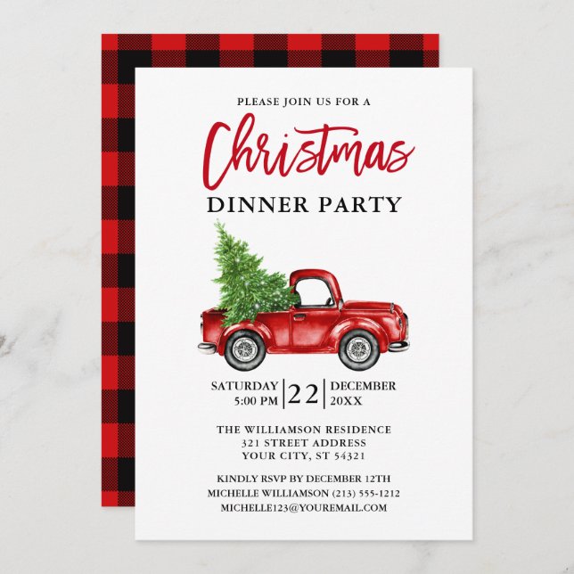 Red Plaid Brush Script Truck Christmas Party Invitation (Front/Back)