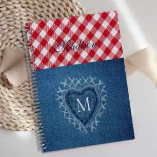 Red Plaid Buffalo Check Denim Heart Monogram Planner