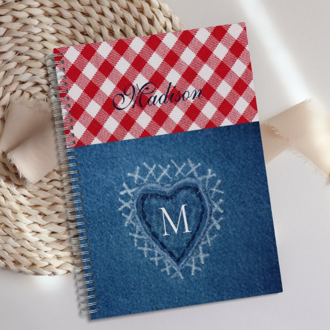 Red Plaid Buffalo Check Denim Heart Monogram Planner (Creator Uploaded)