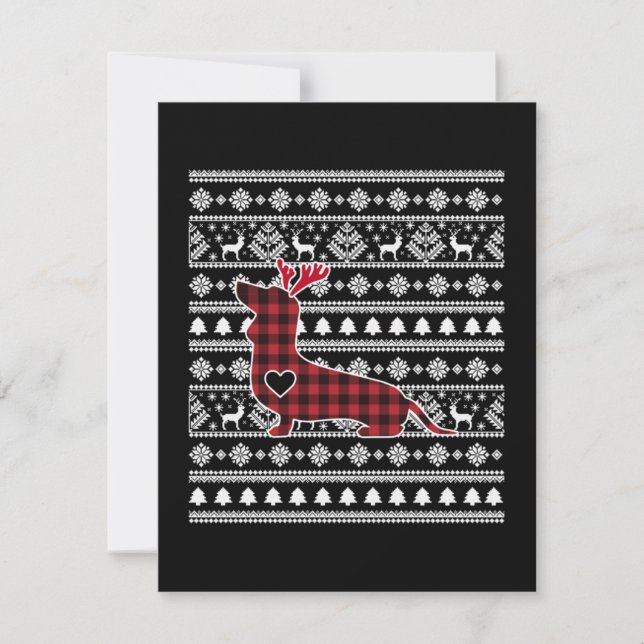 Red Plaid Buffalo Dachshund Dog Christmas Card (Front)