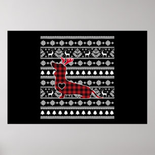 Red Plaid Buffalo Dachshund Dog Christmas Poster