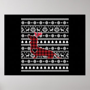 Red Plaid Buffalo Dachshund Dog Christmas Poster
