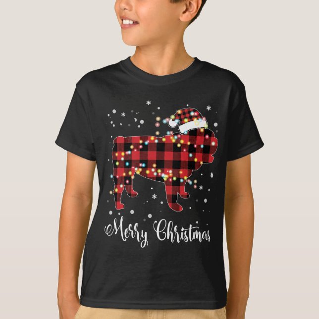 Red Plaid Buffalo English Bulldog Merry Christmas  T-Shirt (Front)