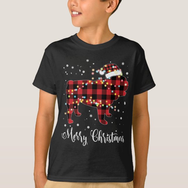 Red Plaid Buffalo English Bulldog Merry Christmas  T-Shirt (Front)