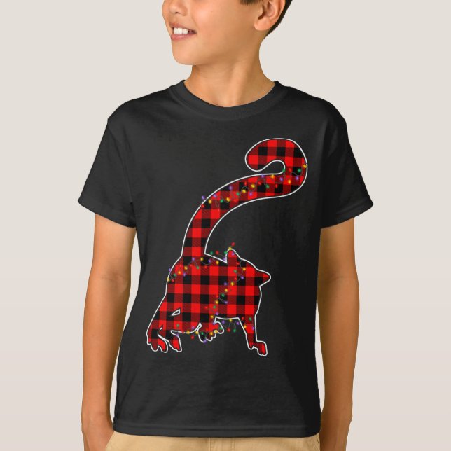 Red Plaid Buffalo Lemur Xmas Light Matching Pajama T-Shirt (Front)
