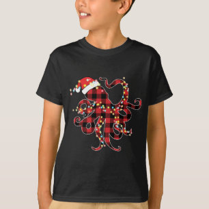 Red Plaid Buffalo Octopus Christmas Lights Pyjamas T-Shirt