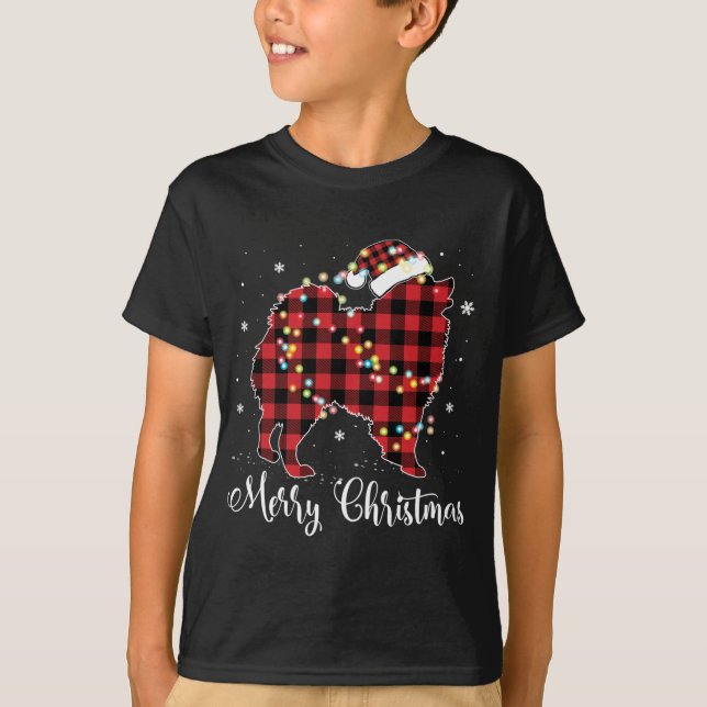 Red Plaid Buffalo Pomeranian Merry Christmas Pajam T-Shirt (Front)