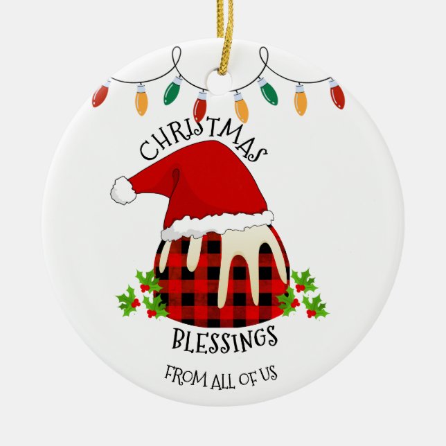 Red Plaid Buffalo Santa Christmas Pudding Ceramic Tree Decoration (Front)