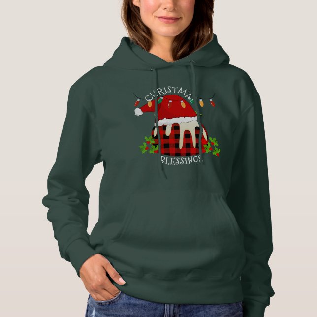 Red Plaid Buffalo Santa Christmas Pudding Hoodie (Front)