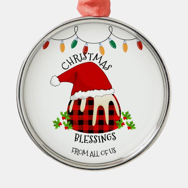 Red Plaid Buffalo Santa Christmas Pudding Metal Tree Decoration (Front)