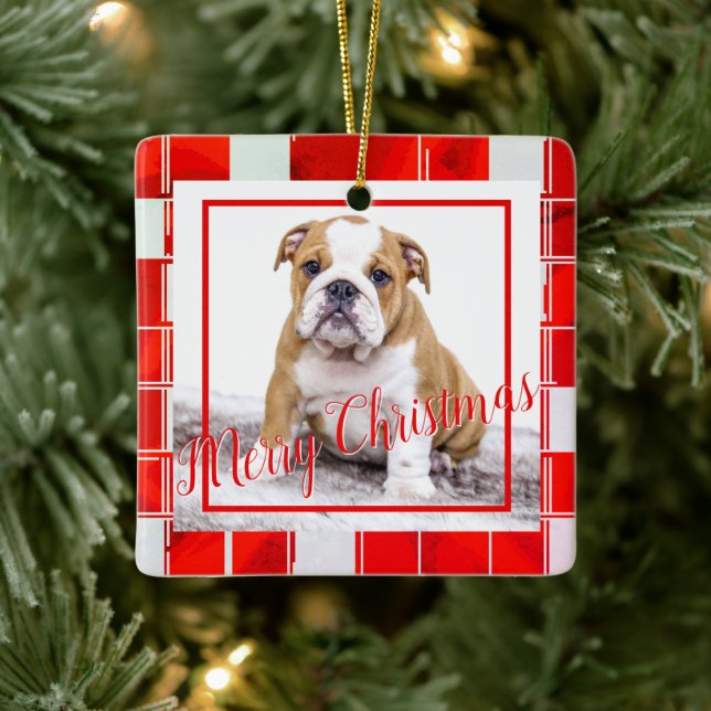 Red Plaid Bulldog Dog Photo Merry Christmas  Ceramic Ornament (Tree)