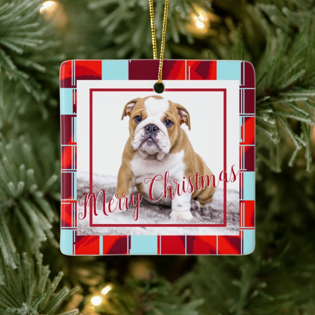 Red Plaid Bulldog Dog Photo Merry Christmas Ceramic Ornament (Tree)