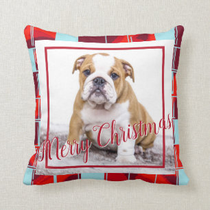 Red Plaid Bulldog Dog Photo Merry Christmas Cushion