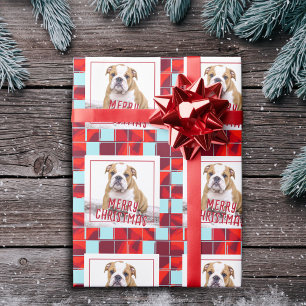 Red Plaid Bulldog Dog Photo Merry Christmas Wrapping Paper