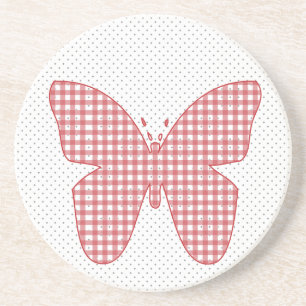 Red Plaid Butterfly on Polka Dot Coaster