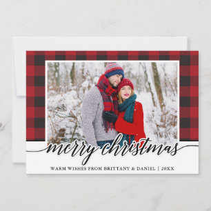 Red Plaid Calligraphy Couple Merry Christmas Holiday Card