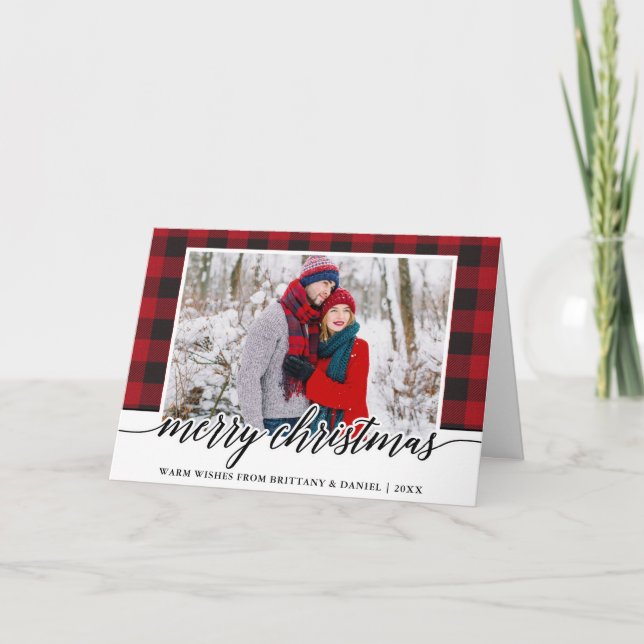 Red Plaid Calligraphy Couple Merry Christmas Holiday Card (Front)