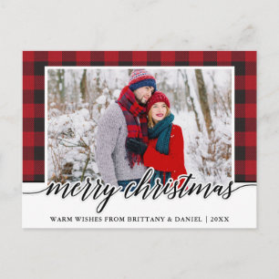 Red Plaid Calligraphy Couple Merry Christmas Postcard
