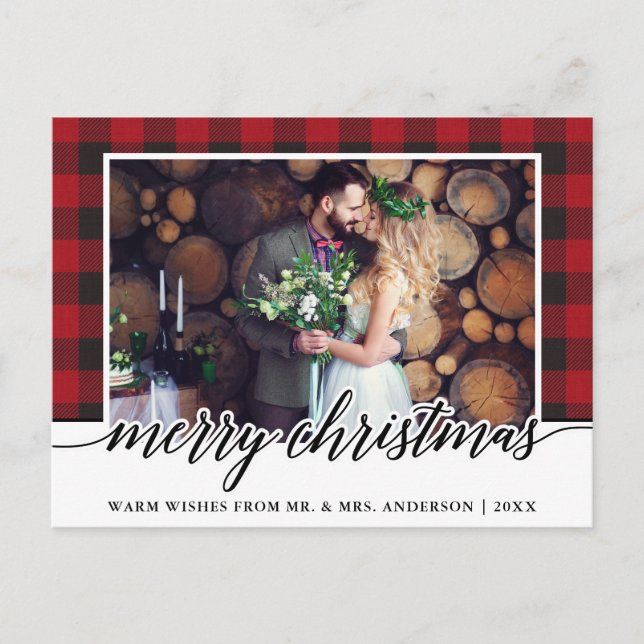 Red Plaid Calligraphy Wedding Merry Christmas Postcard (Front)