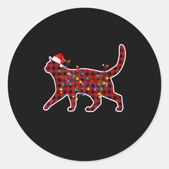 Red Plaid Cat Christmas Pyjamas Family Cat Xmas Li Classic Round Sticker (Front)