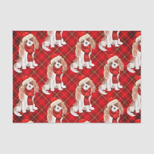 Red Plaid Cavalier King Charles Dog Christmas Tissue Paper (Front)