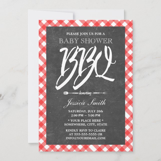 Red Plaid & Chalkboard Baby Shower BBQ Party Invitation (Front)
