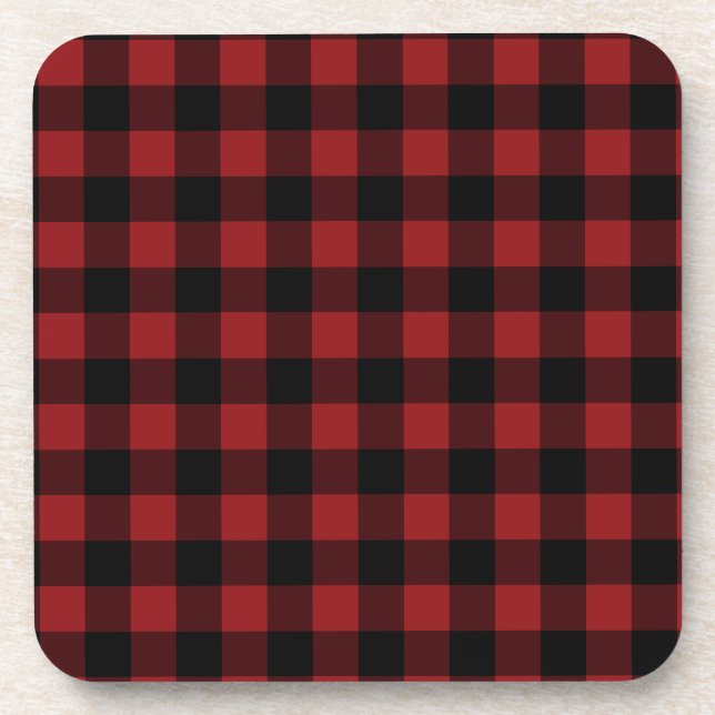 Red Plaid Check Beverage Coaster Vintage Design (Front)