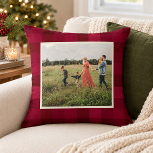 Red Plaid Check Pattern Rustic Custom Photo Cushion