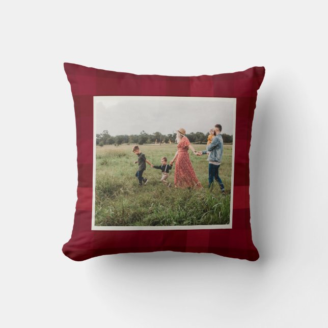 Red Plaid Check Pattern Rustic Custom Photo Cushion (Front)