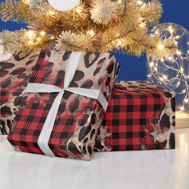 Red Plaid Cheetah Funky Christmas Wrapping Paper (Holidays)