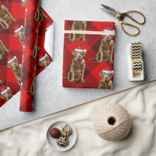 Red Plaid Chesapeake Retriever Santa Dog Christmas Wrapping Paper