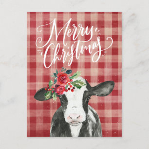 Red Plaid Christmas Cow Holiday Postcard