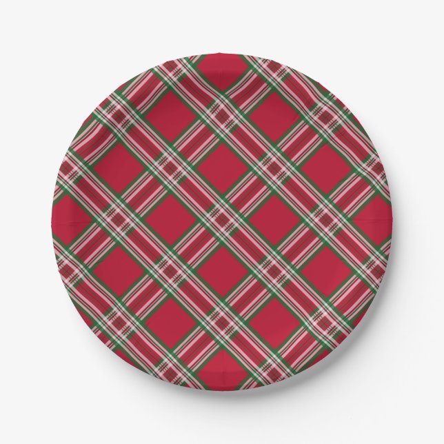 Red Plaid  Christmas Dinner Party Paper Plates (Front)