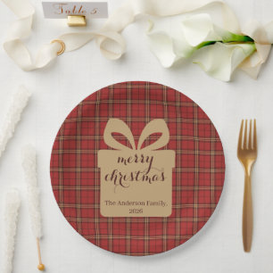 Red Plaid Christmas Festive Pattern -  Paper Plate
