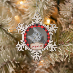 Red Plaid christmas holiday For Pets cat Photo Snowflake Pewter Christmas Ornament