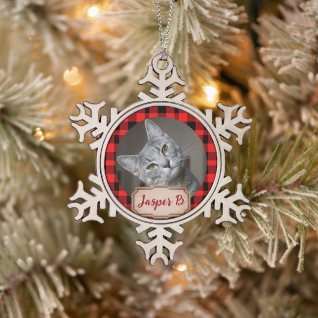 Red Plaid christmas holiday For Pets cat Photo  Snowflake Pewter Christmas Ornament (Tree)