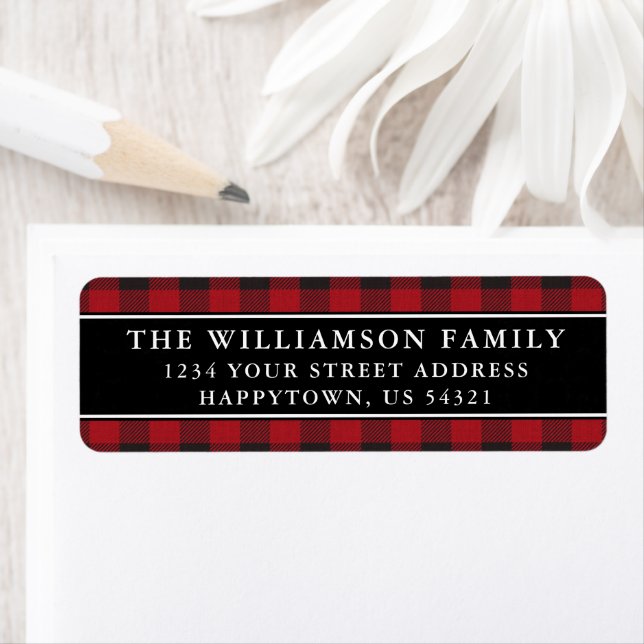 Red Plaid Christmas Holiday Return Address Labels (Insitu)