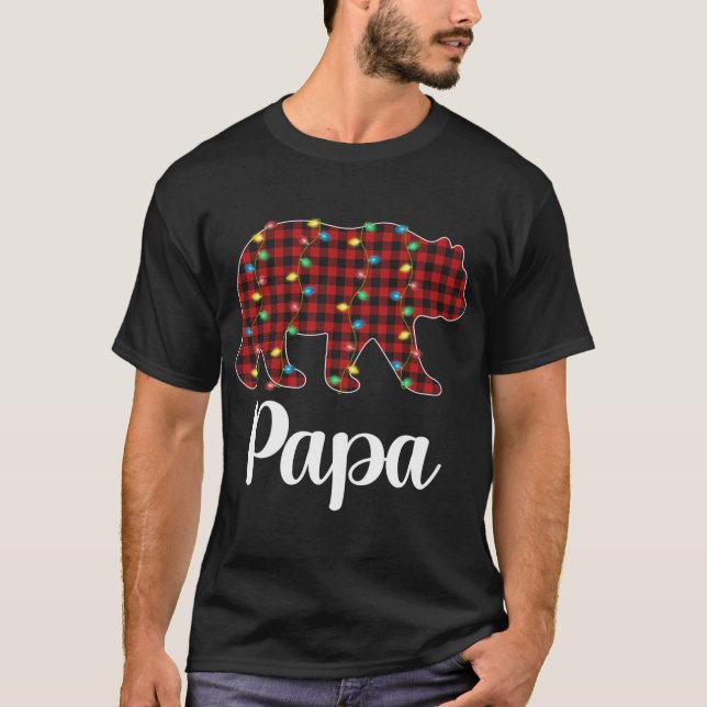 Red Plaid Christmas Lights Papa Bear Xmas Pajama T-Shirt (Front)