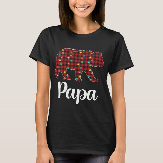 Red Plaid Christmas Lights Papa Bear Xmas Pajama T-Shirt (Front)
