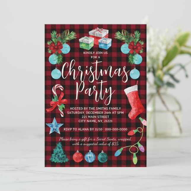 Red Plaid Christmas Party Invitation (Standing Front)