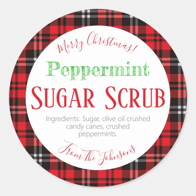 Red Plaid Christmas Peppermint Sugar Scrub Labels (Front)