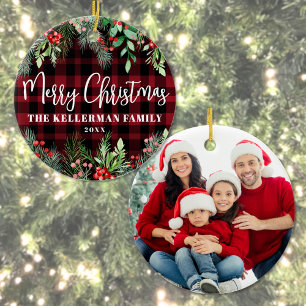 Red Plaid Christmas Photo Ceramic Tree Decoration